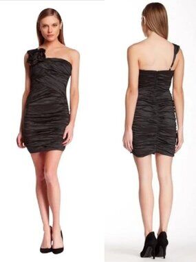NWT New BCBGMaxAzria Anett One Shoulder Taffeta Cocktail Mini Black Dress Size 0